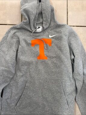 Nike Men's Gray Crewneck Hoodie with Orange 'T' Logo